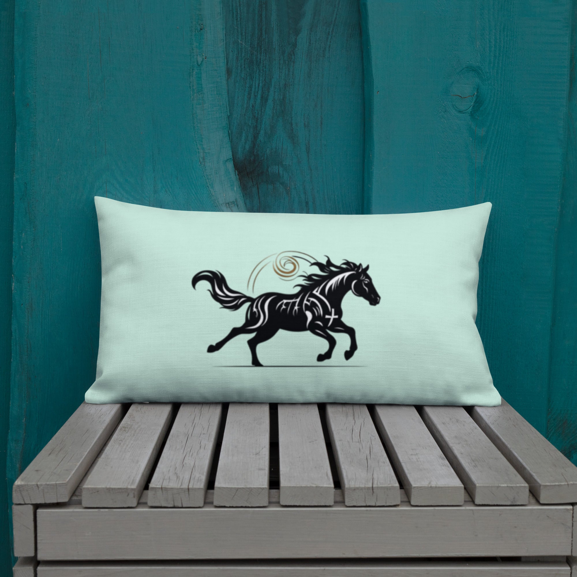 Multiple Wild Horse pillows in elegant living room corner - Premium mint green home accents with black horse silhouette