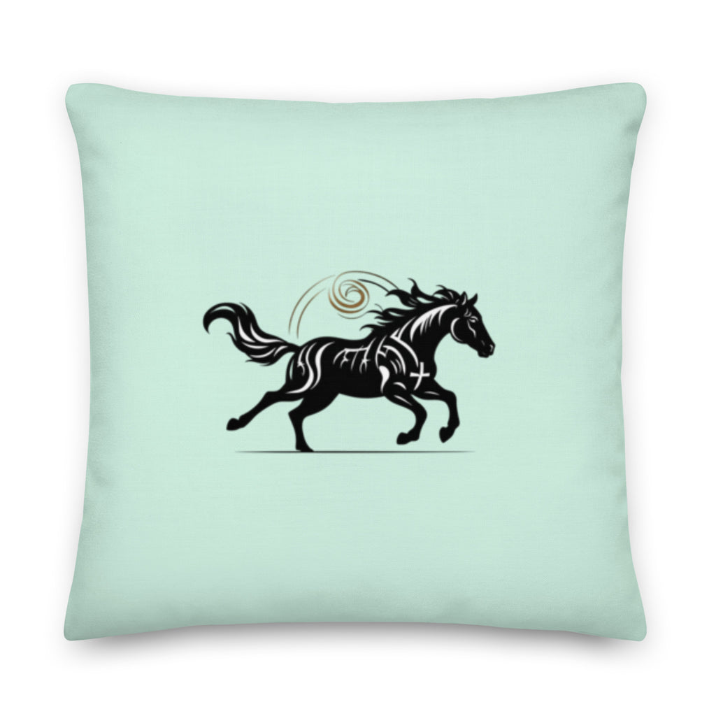 Multiple Wild Horse pillows in elegant living room corner - Premium mint green home accents with black horse silhouette