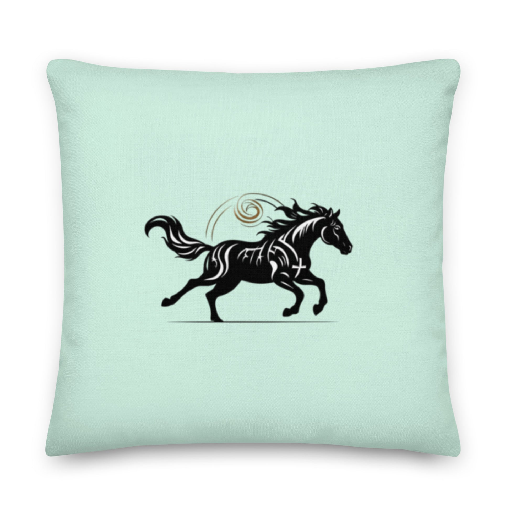Multiple Wild Horse pillows in elegant living room corner - Premium mint green home accents with black horse silhouette
