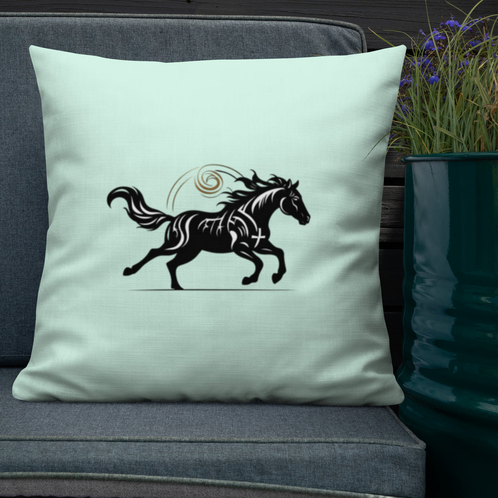 Multiple Wild Horse pillows in elegant living room corner - Premium mint green home accents with black horse silhouette