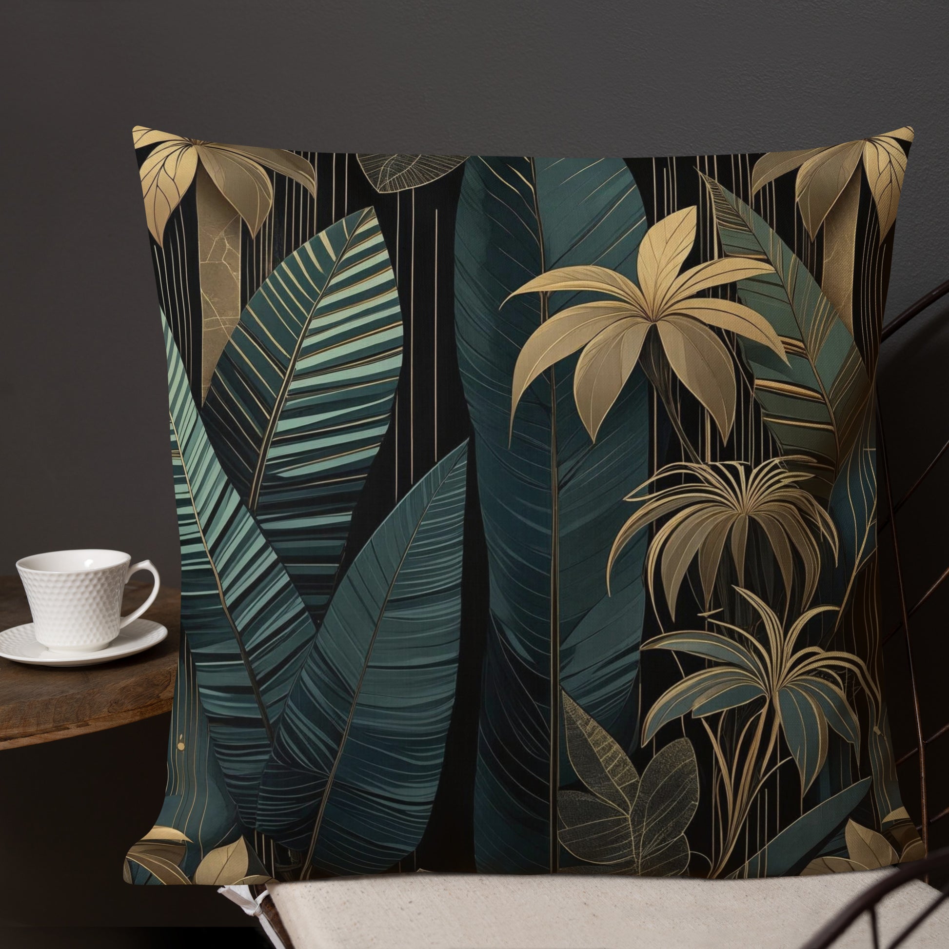Dark Luxury Floral Pillow Dark Green and Gold art deco design
