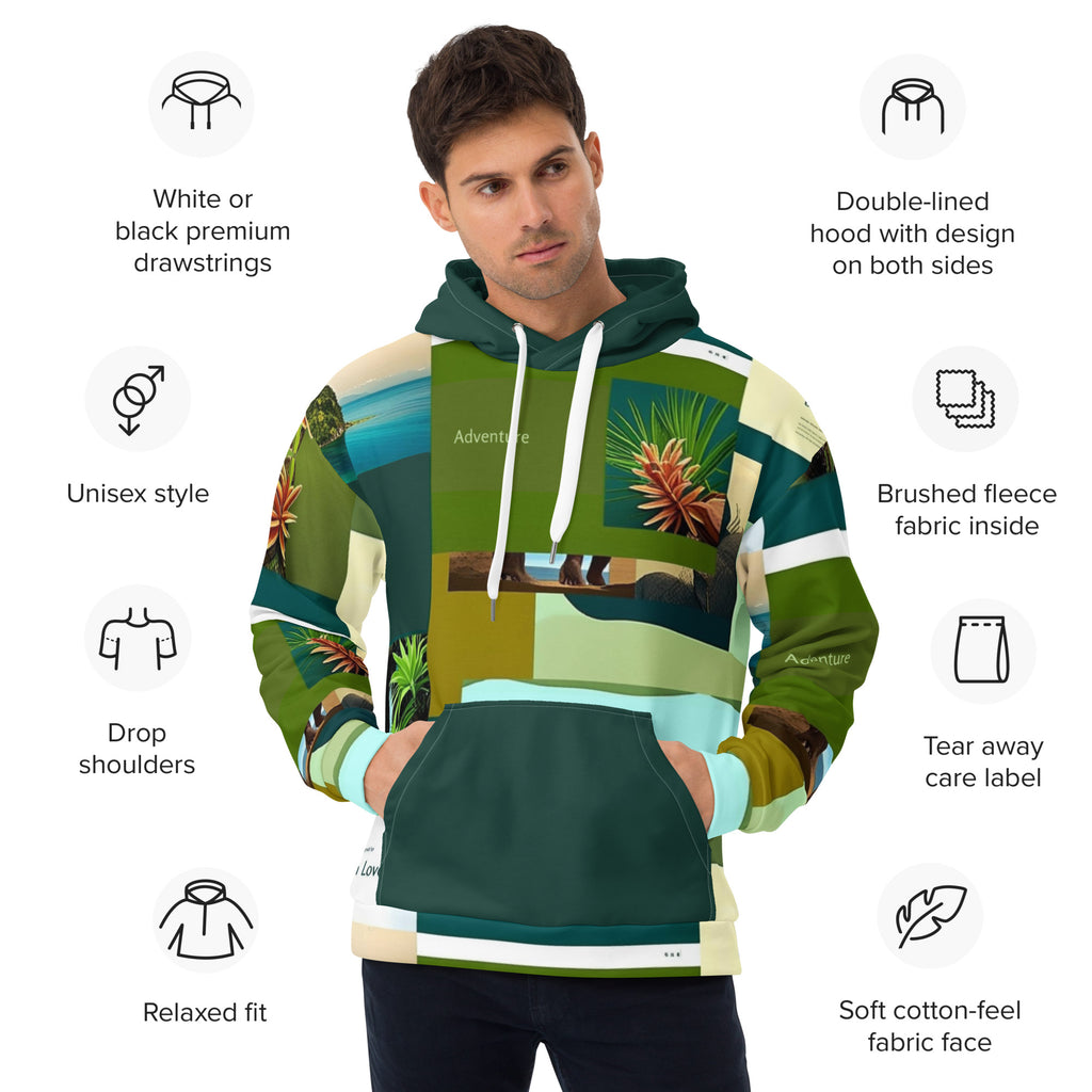 Front view of tropical jungle hoodie - premium print on demand design celebrating wild nature and freedom