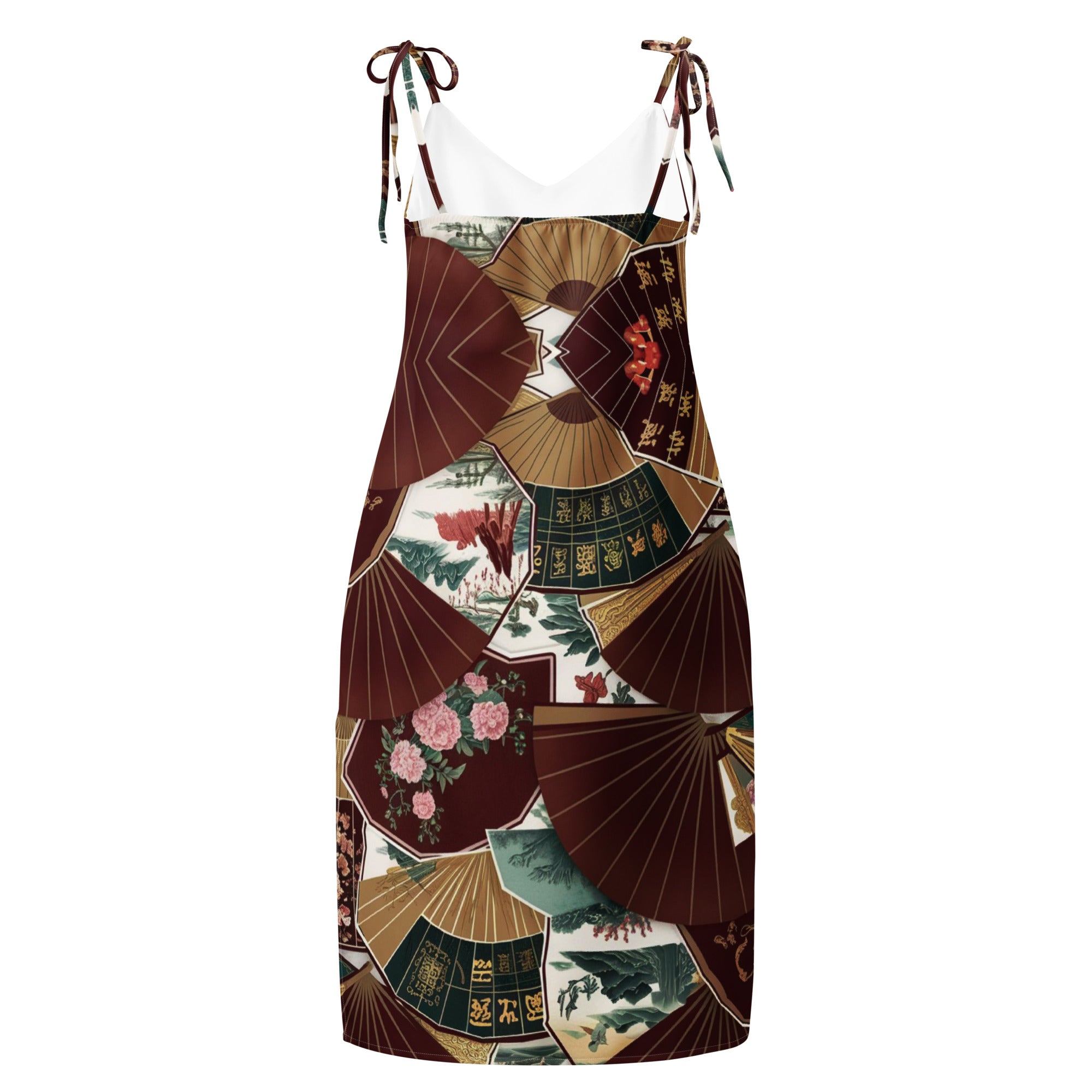 Chinese Fans Tie-strap midi dress - Zen garden lifestyle photography with Asian elegance and minimalist aesthetic
