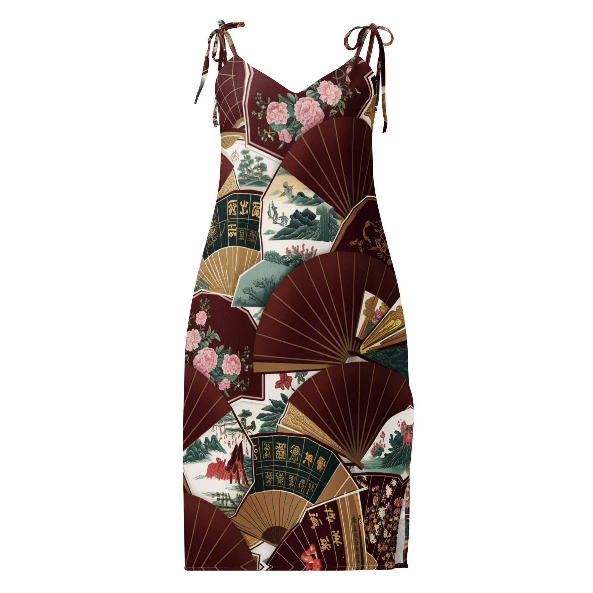 Chinese Fans Tie-strap midi dress - Zen garden lifestyle photography with Asian elegance and minimalist aesthetic
