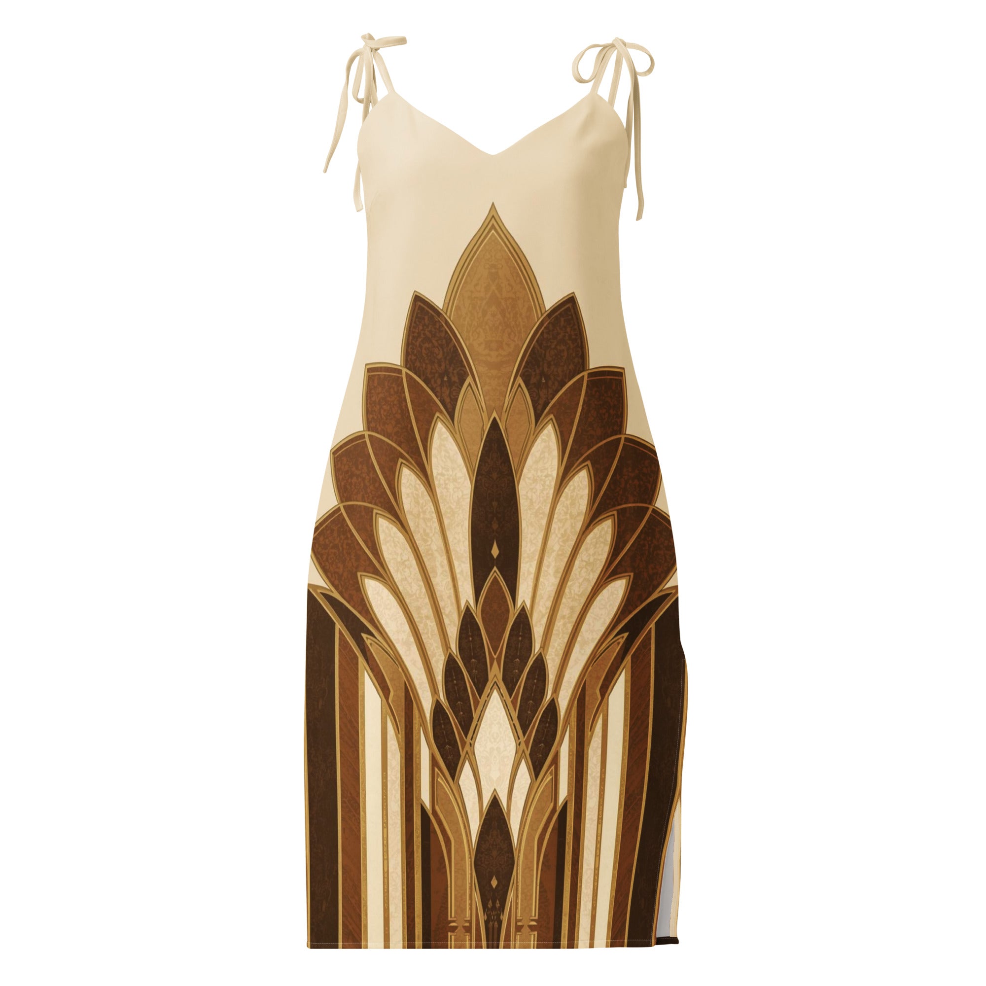 Cream and brown geometric midi dress 
