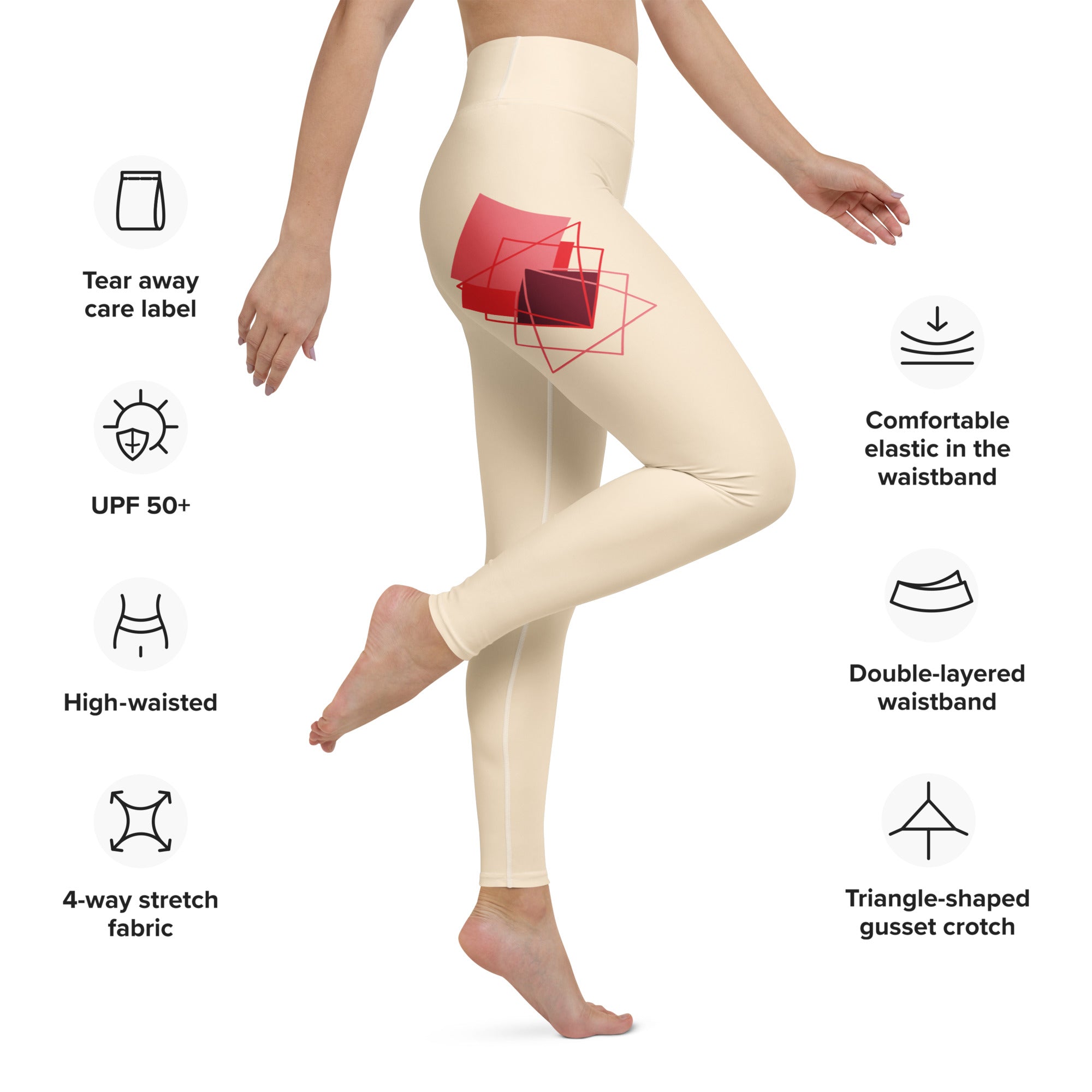 High-waisted yoga leggings with red geometric squares - Comfortable activewear