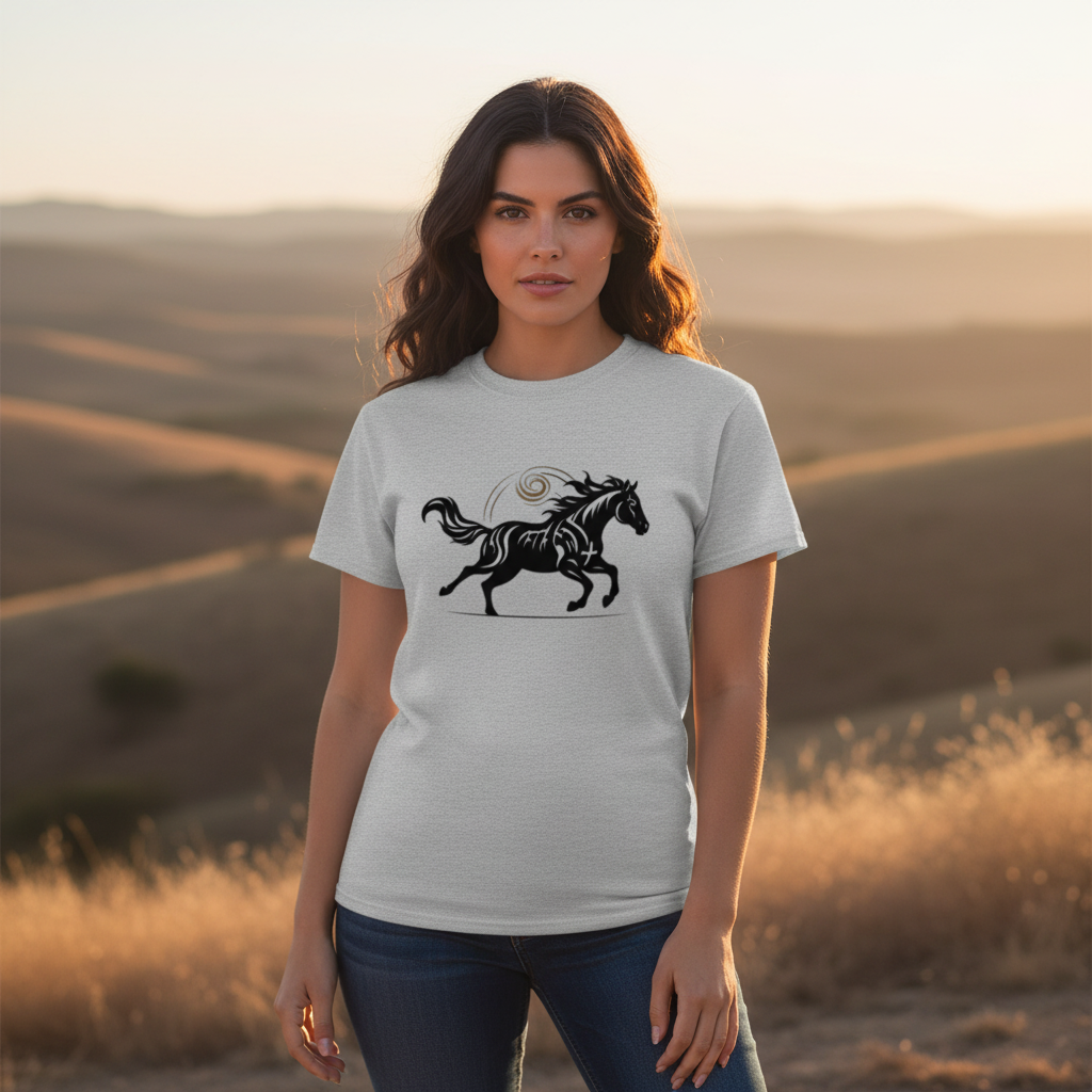 Woman wearing ash grey Wild Horse t-shirt on ranch - Year of the Horse 2026 unisex apparel for nature lovers and free spirits