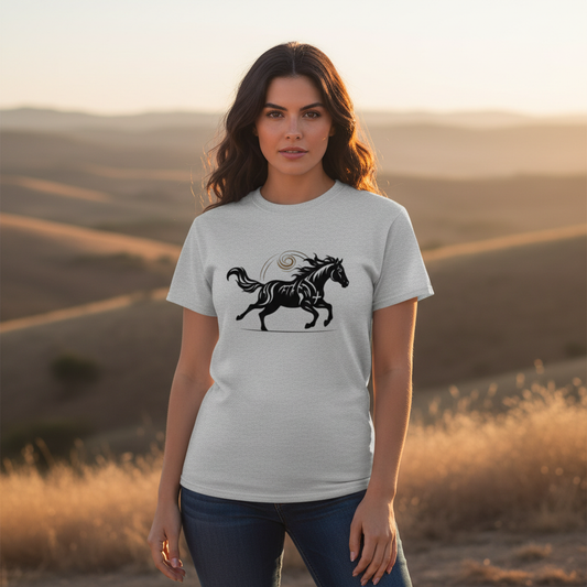 Woman wearing ash grey Wild Horse t-shirt on ranch - Year of the Horse 2026 unisex apparel for nature lovers and free spirits