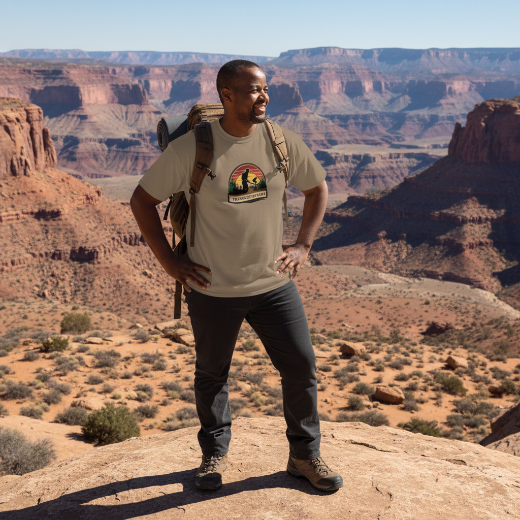 Athletic man in brown savana Treasure Hunter t-shirt hiking