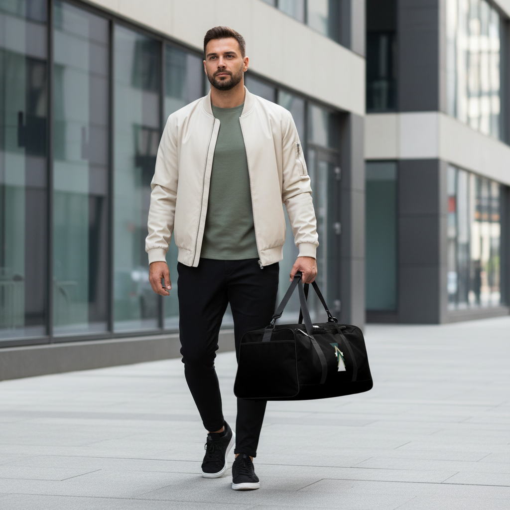 Athletic man in green hoodie and cream bomber with triangle pattern duffle bag