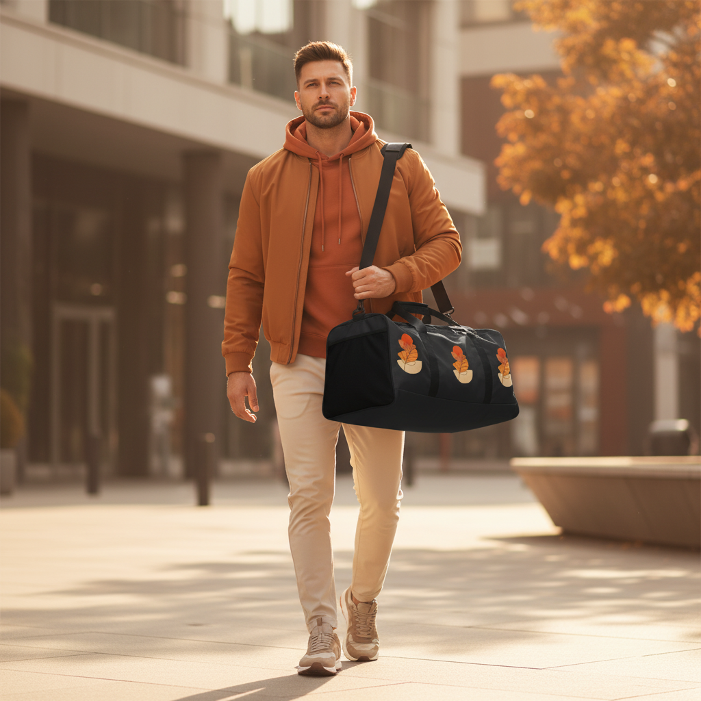 Athletic man in rust orange hoodie with autumn leaf duffle bag prominently displayed