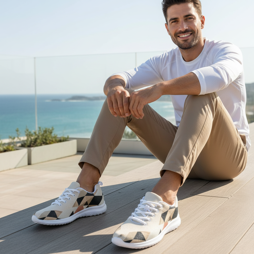 Athletic man in tan joggers with white sole geometric sneakers