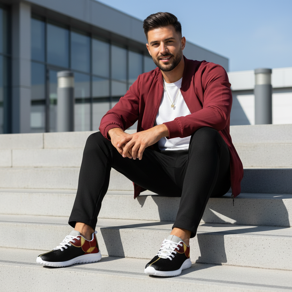 Athletic man on steps in crimson bomber matching exact red shade from shoes with white sole visible