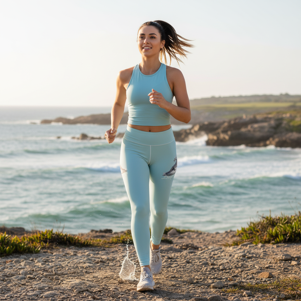 Athletic woman jogging in blue-green leggings with silver dragon design along coastal path