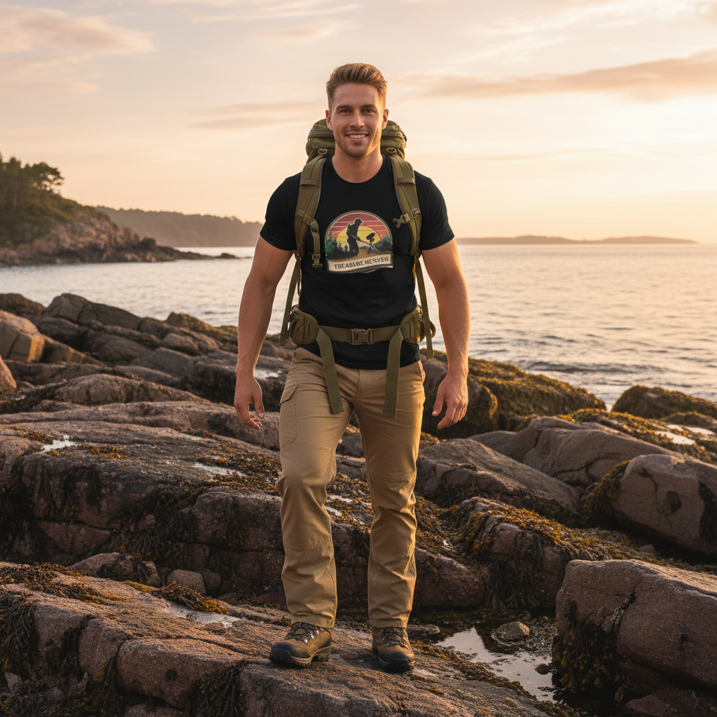 Attractive Caucasian man in black Treasure Hunter t-shirt exploring coast