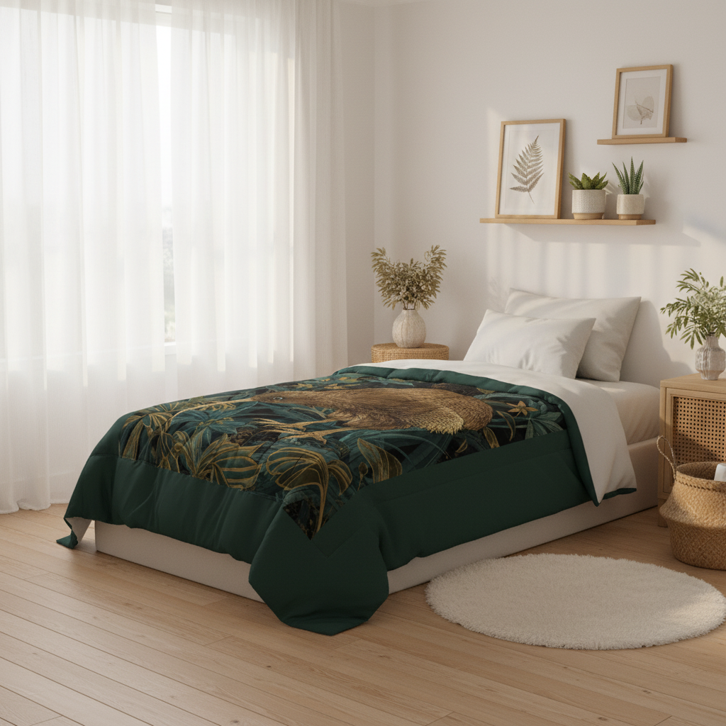 Australian coastal bedroom with kiwi bird comforter, natural light, botanical decor, and warm textures