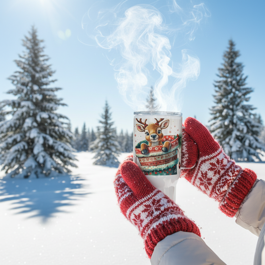 Baby Reindeer Travel Mug - Red & White Mittens