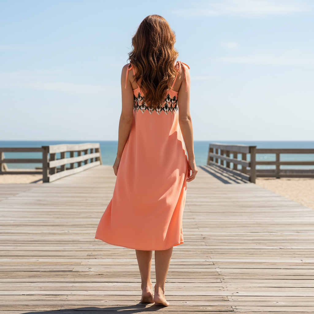 Back view of woman in peach dress on boardwalk