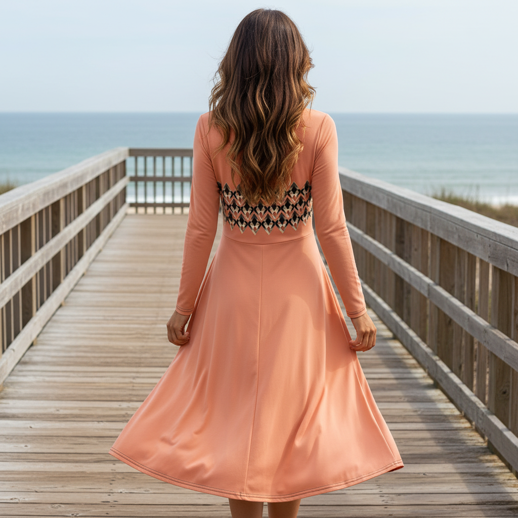 Back view of woman in peach long sleeve dress on boardwalk