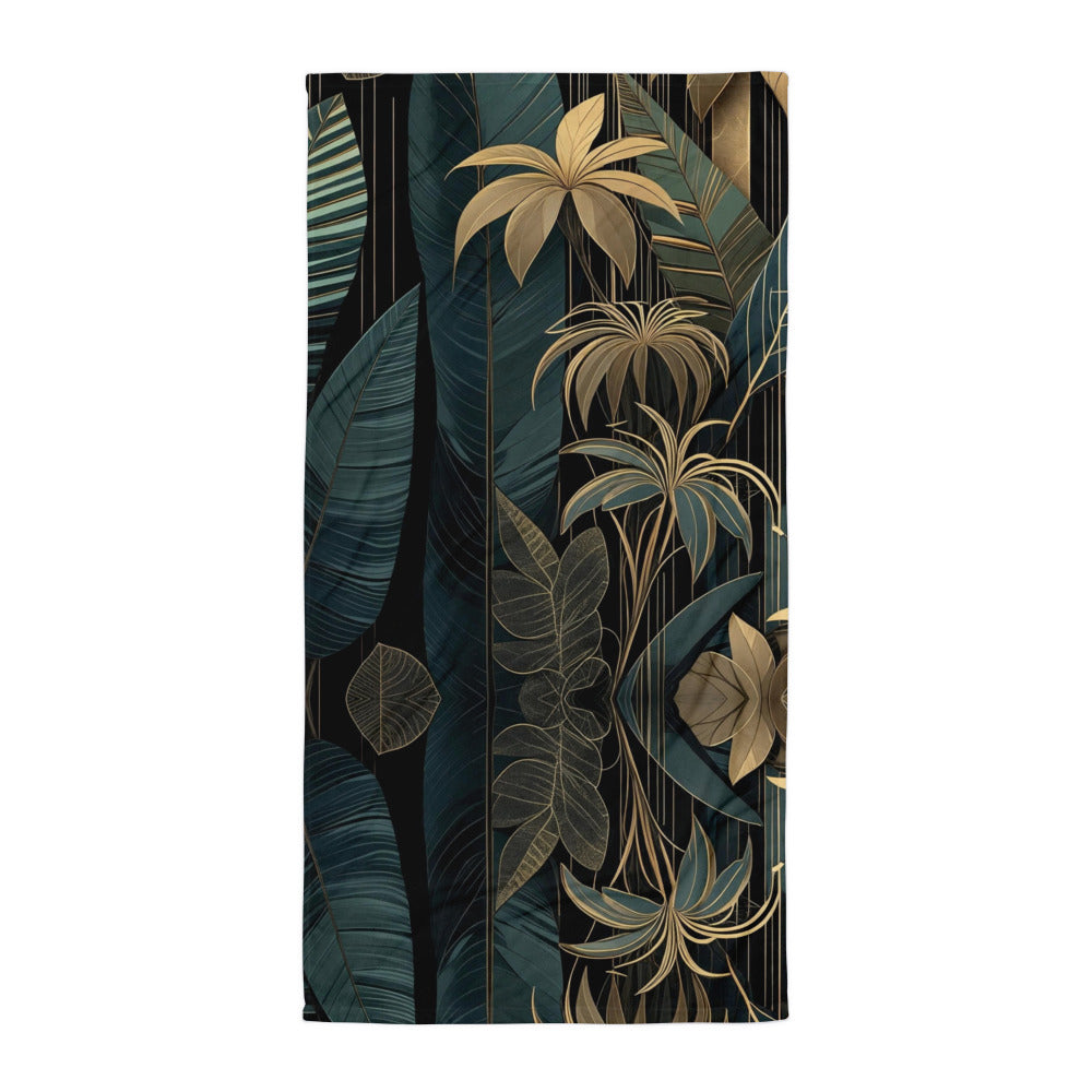 merald and gold art deco beach towel on wooden deck in jungle setting