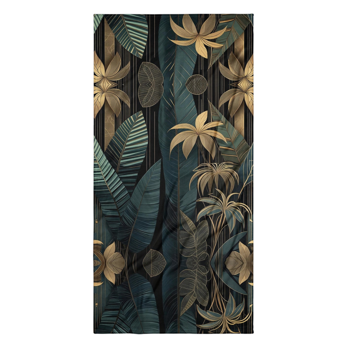 emerald and gold art deco beach towel on wooden deck in jungle setting