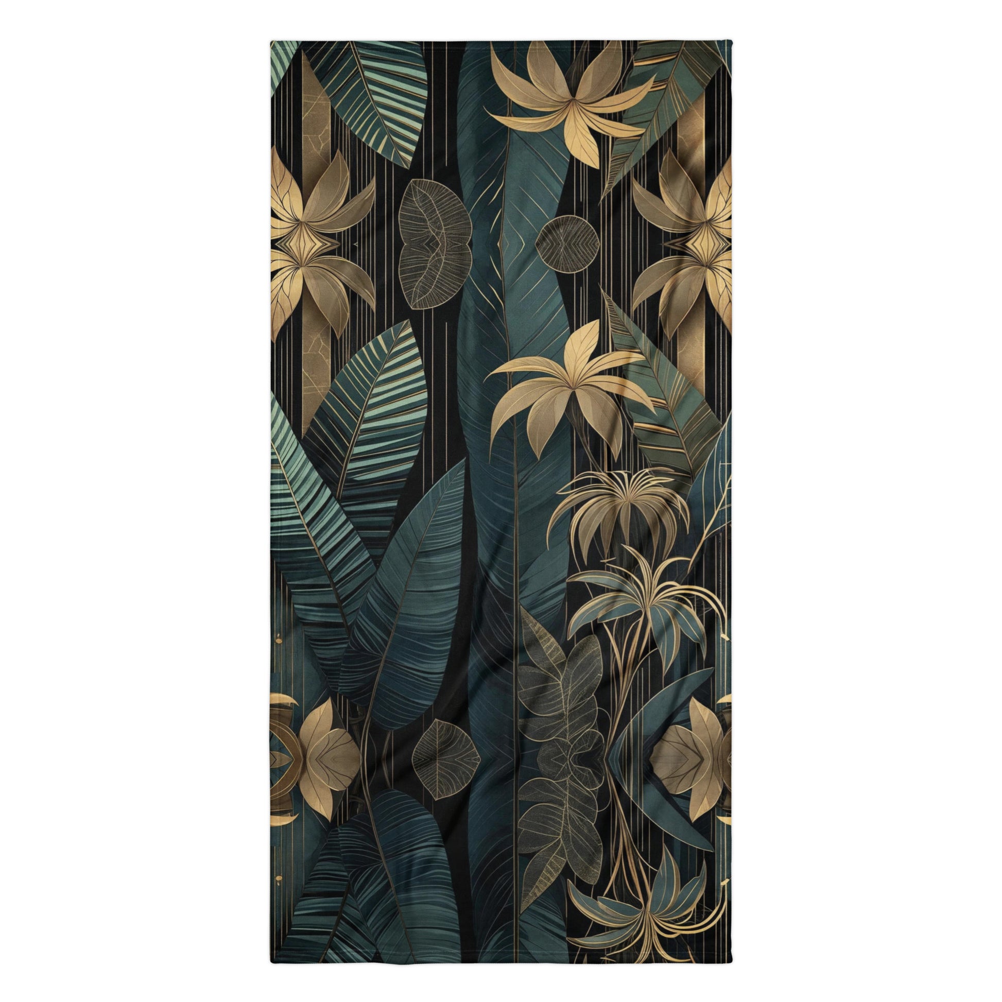 emerald and gold art deco beach towel on wooden deck in jungle setting
