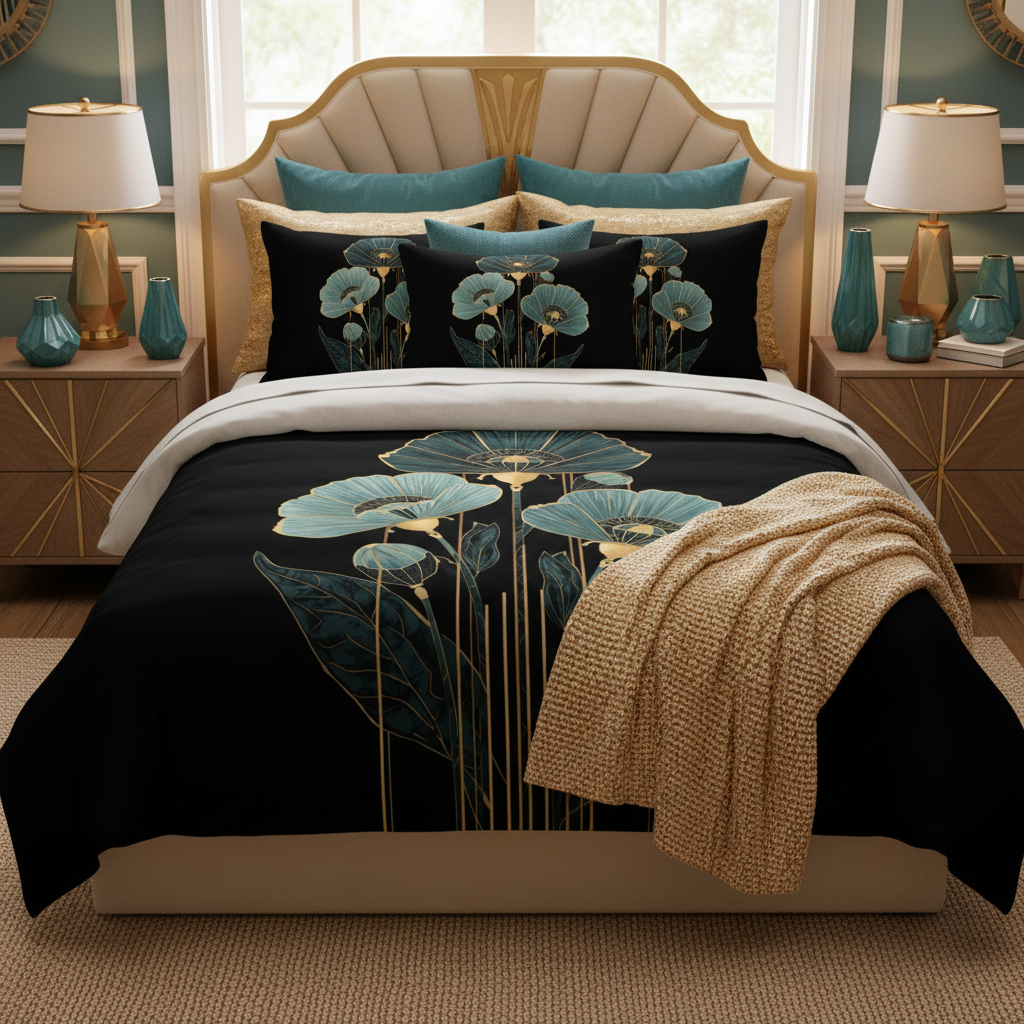 Beautiful bedroom from above with black teal gold floral comforter botanical pattern