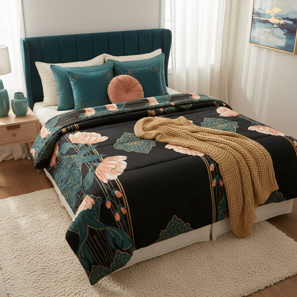 Beautiful bedroom from elevated angle with black peach teal botanical comforter