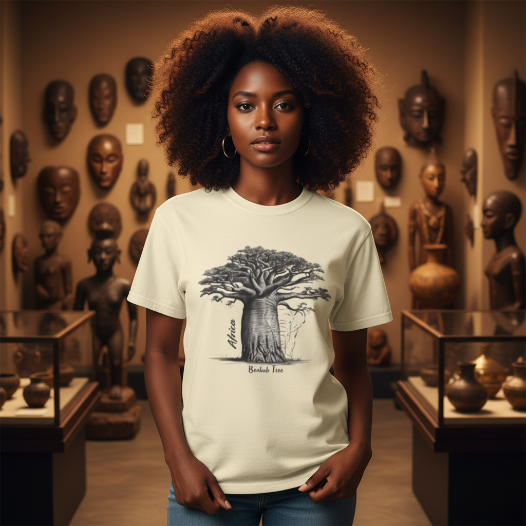 Beautiful Black woman wearing ivory baobab t-shirt in African museum