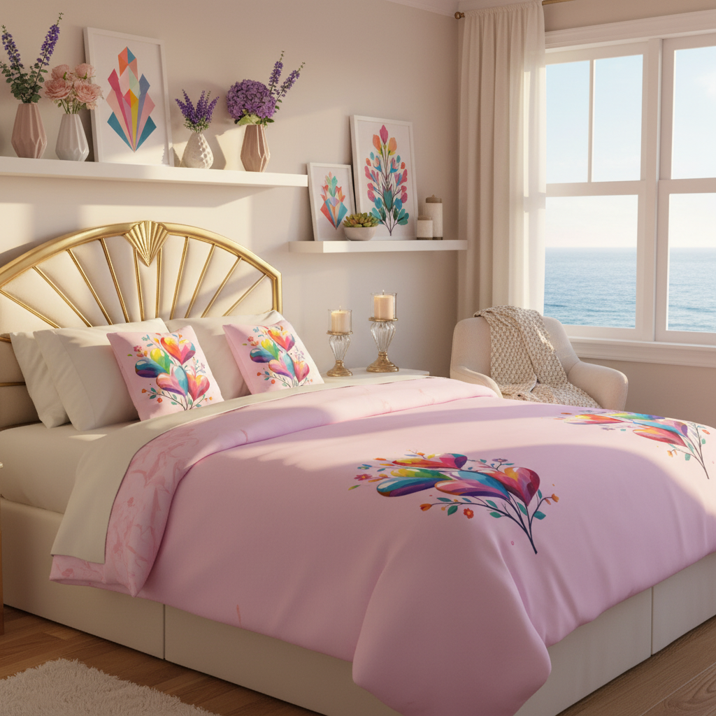Beautiful bright coastal bedroom with large bed and vibrant hearts comforter