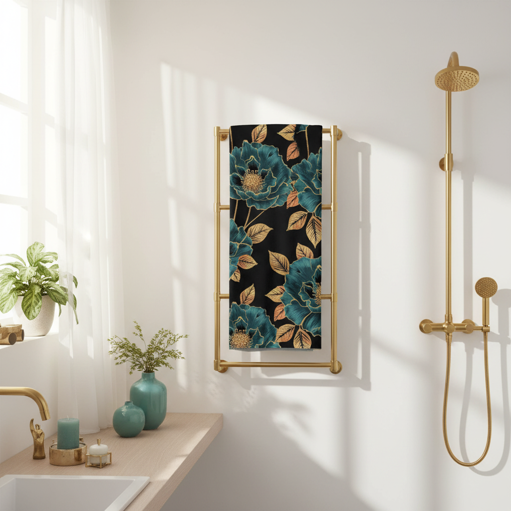 Beautiful bright cozy bathroom with teal and gold floral towel hanging on gold rack with decorative accents
