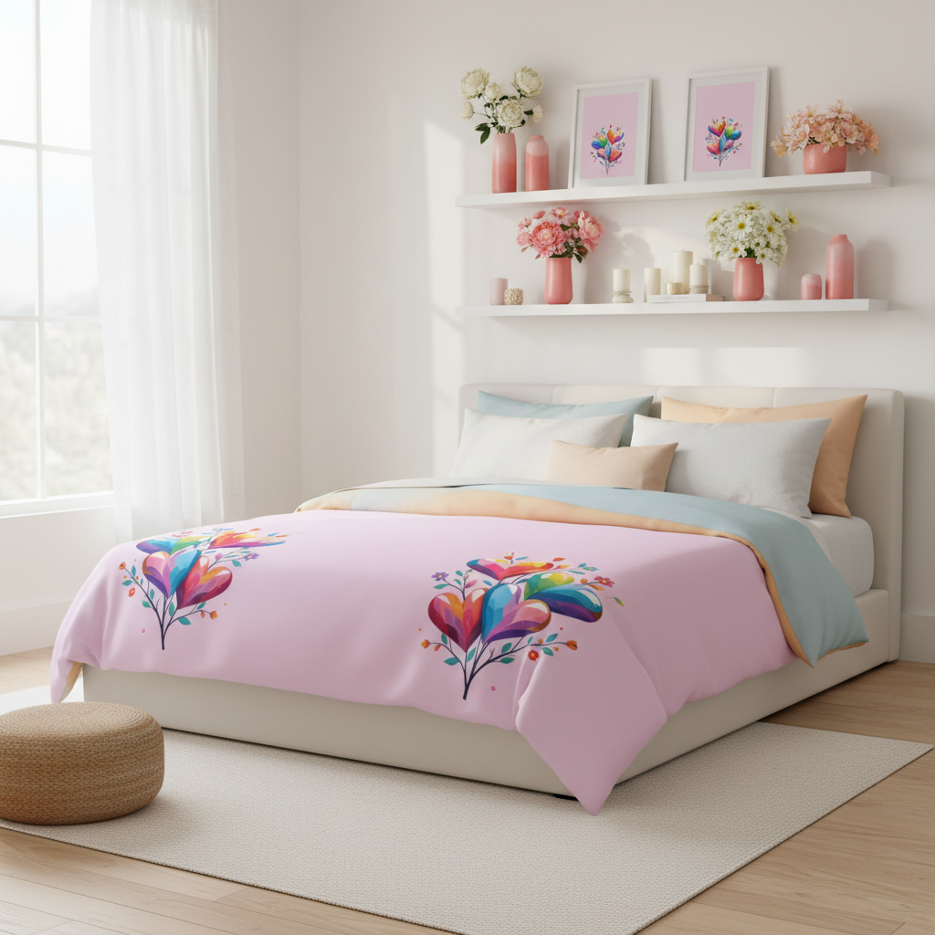 Beautiful bright sunny bedroom with king bed featuring pink hearts duvet