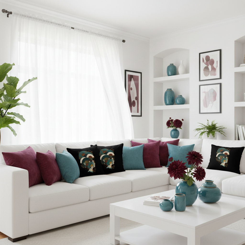 Beautiful bright white living room with white L-shaped sofa, black pillows with teal green cream Japanese fan pattern, white sheer curtains, teal ceramic decor, burgundy velvet cushions, black frames with burgundy and teal artwork, burgundy flowers in teal vases