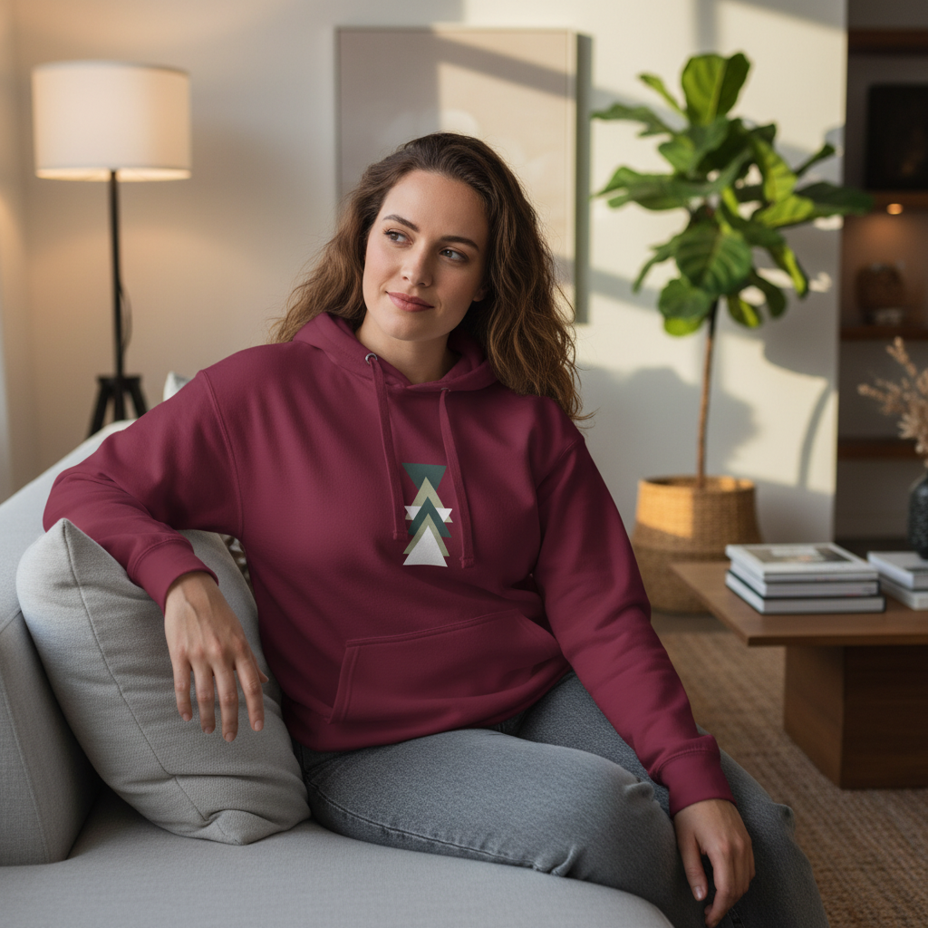 Beautiful Caucasian woman in maroon hoodie with triangle pattern