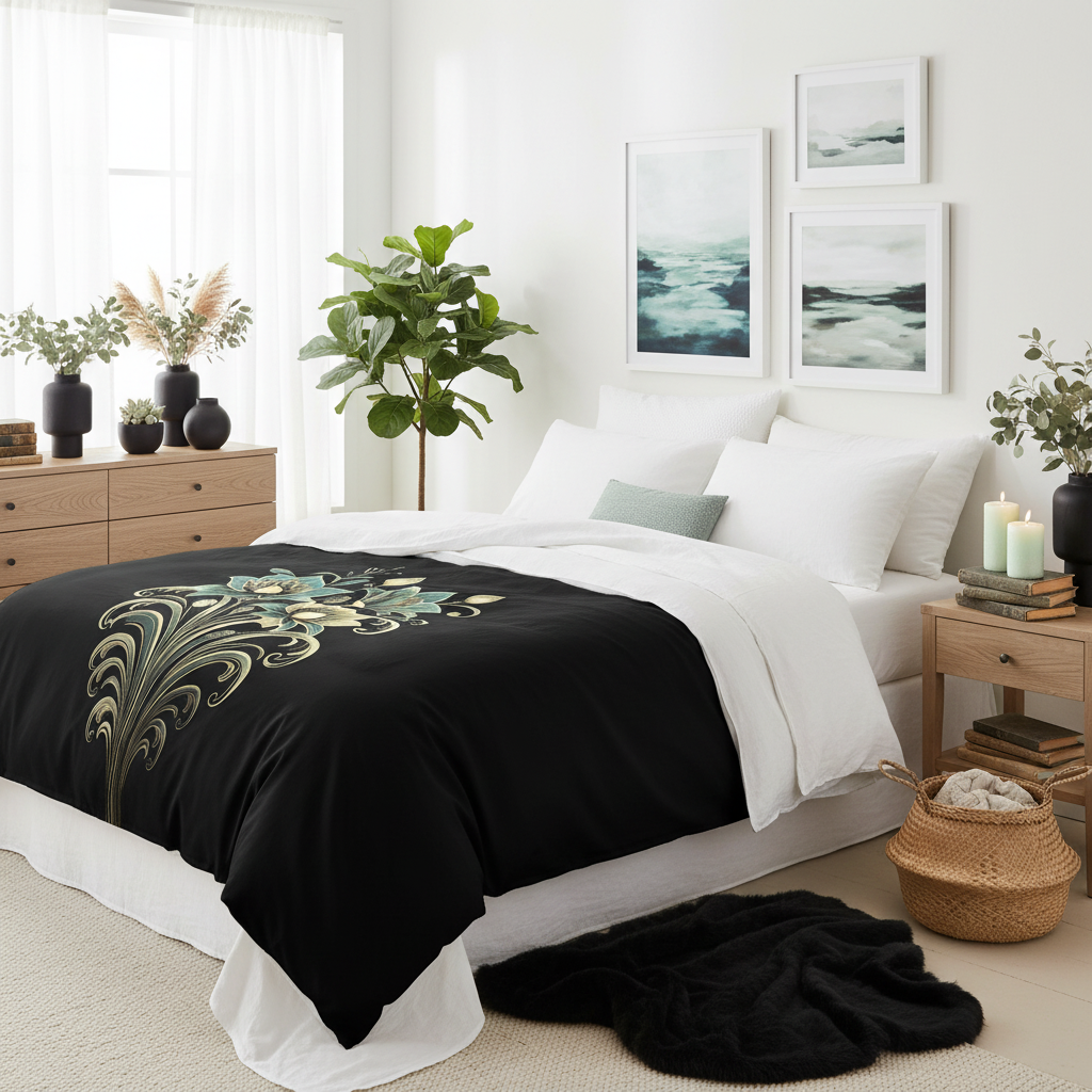 Beautiful Coastal Bedroom with Sage & Gold Duvet