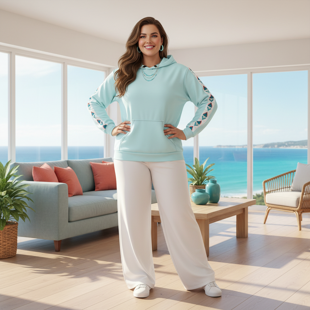 Beautiful confident obese plus-size woman in light blue geometric hoodie with white wide leg pants in coastal living room with ocean view