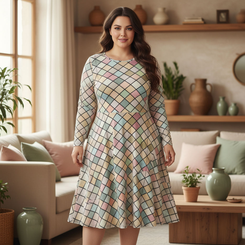 Beautiful confident plus-size woman in geometric pattern dress in cozy interior