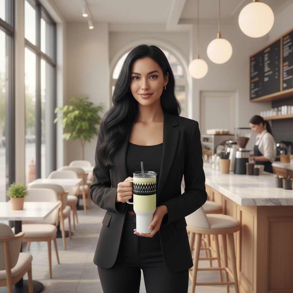 Beautiful confident woman holding yellow black geometric travel mug in bright cafe