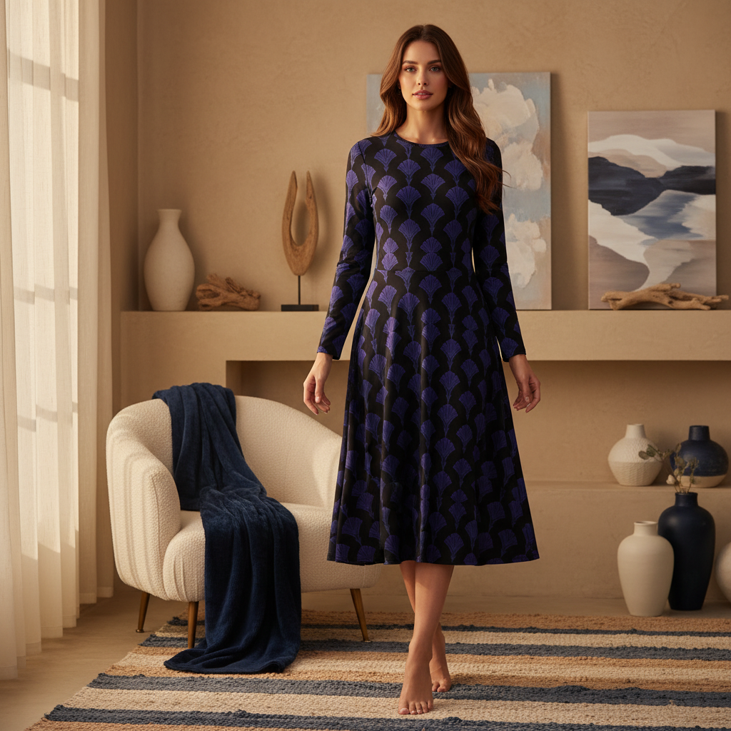 Beautiful confident woman in deep blue and black long sleeve midi dress in cozy warm interior