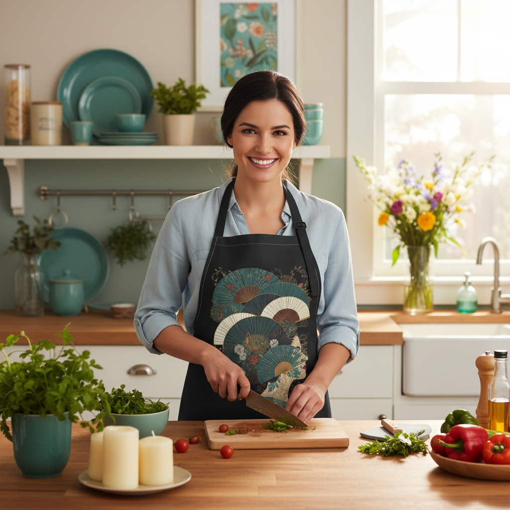 Beautiful confident woman wearing black apron with teal green cream Japanese fan pattern, cooking in bright colorful kitchen with white cabinets, teal ceramic dishes, green plants, cream candles, teal and green artwork