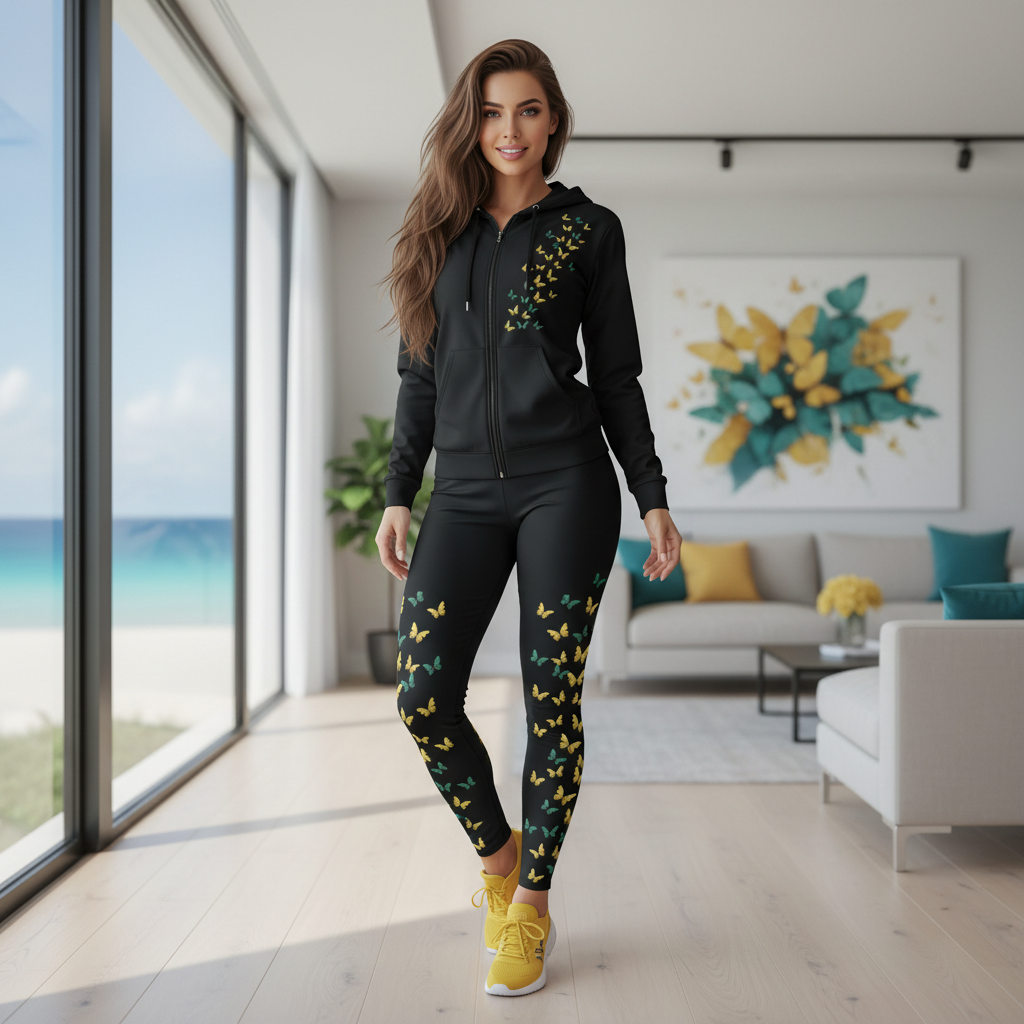 Beautiful confident woman with long hair wearing butterfly print leggings and matching hoodie with yellow sneakers