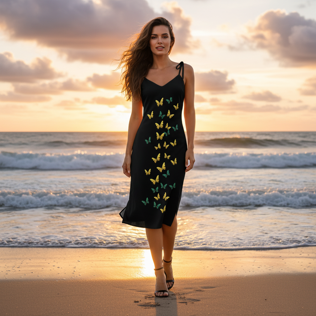 Beautiful confident woman with long hair wearing butterfly print slip dress on beach at golden hour