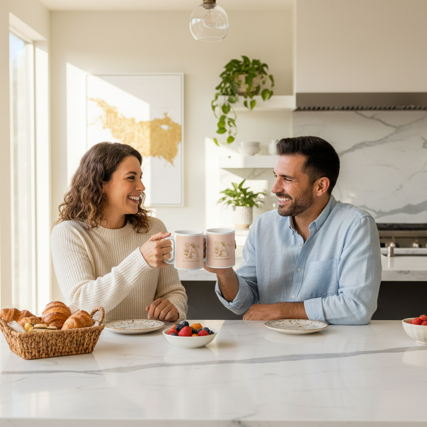 Beautiful couple having breakfast in modern luxury kitchen with pink Black Panther mugs
