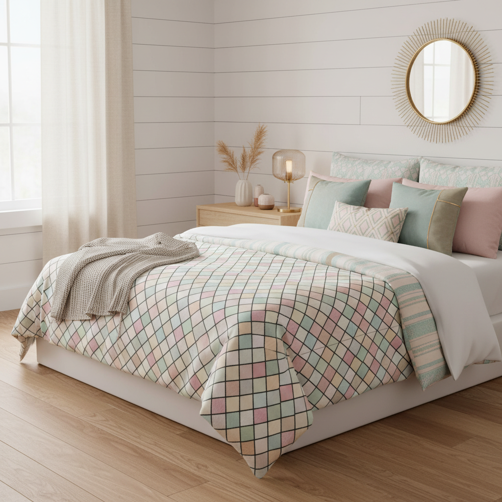 Beautiful cozy bedroom with colorful squares duvet cover on bed with white sheets