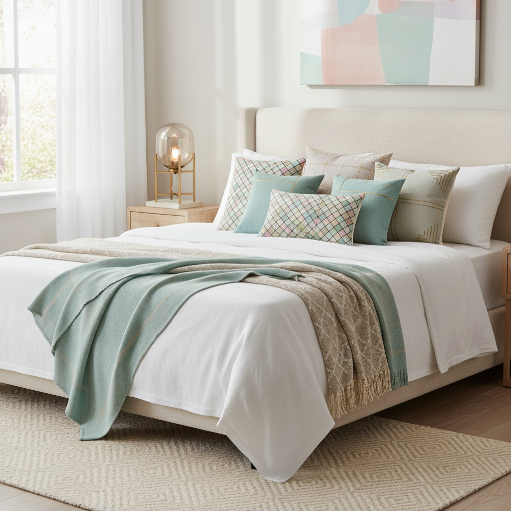 Beautiful cozy bedroom with colorful squares throw pillows on bed with white linens