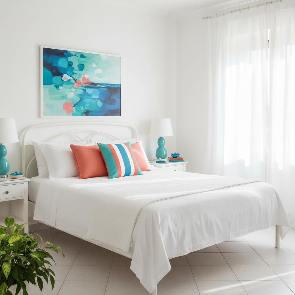 Beautiful Italian coastal bedroom with striped square pillow and abstract coastal artwork