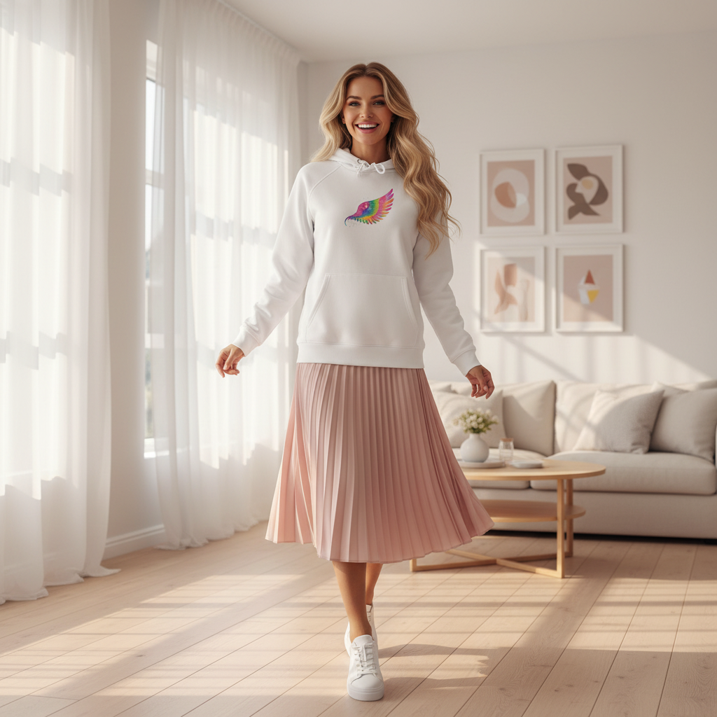 Beautiful long-haired woman in white rainbow feather hoodie with pink midi skirt in sunny Scandinavian living room