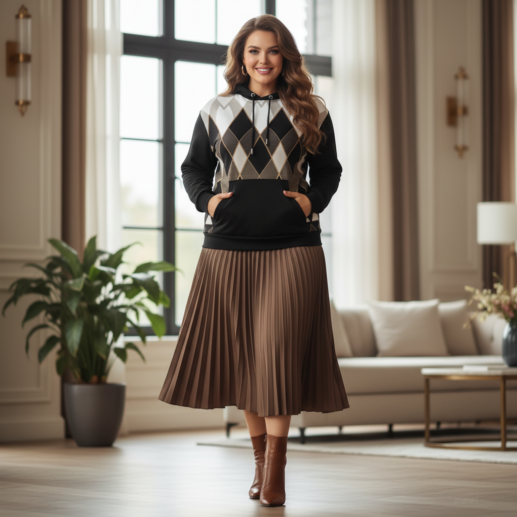 Beautiful plus-size woman in geometric hoodie loosely over brown midi skirt with brown boots