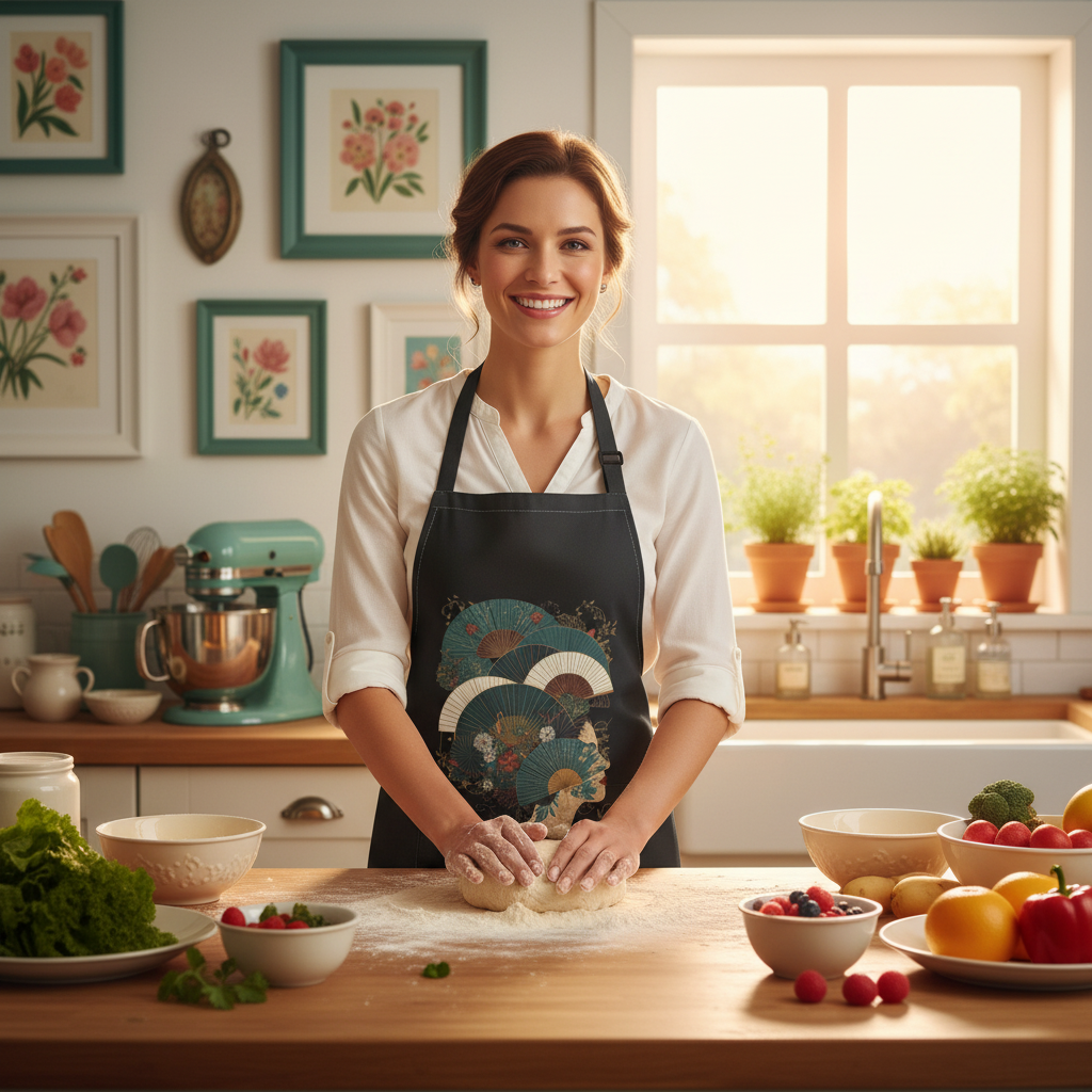 Beautiful positive woman in black apron with teal green cream Japanese fan pattern, baking in bright colorful kitchen with white walls, teal kitchen accessories, green herbs, cream dishware, teal and green framed art