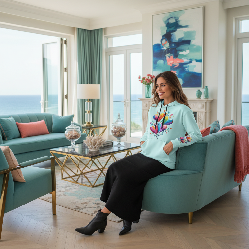 Beautiful radiant woman in turquoise hearts hoodie with black maxi skirt in elegant coastal living room